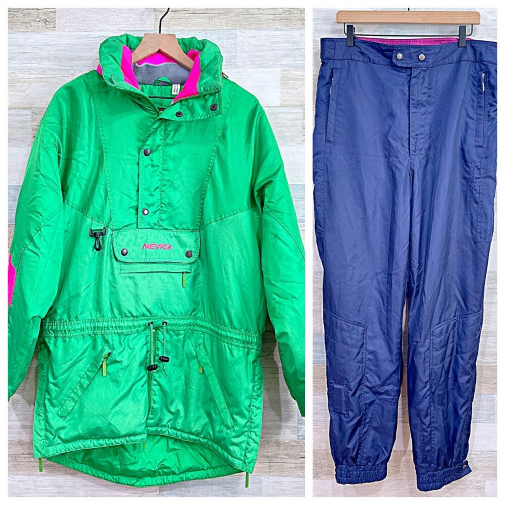 Nevica 2pc Ski Parka Snowsuit Neon Green Blue Vintage Mens 40 Jacket 36 Pants